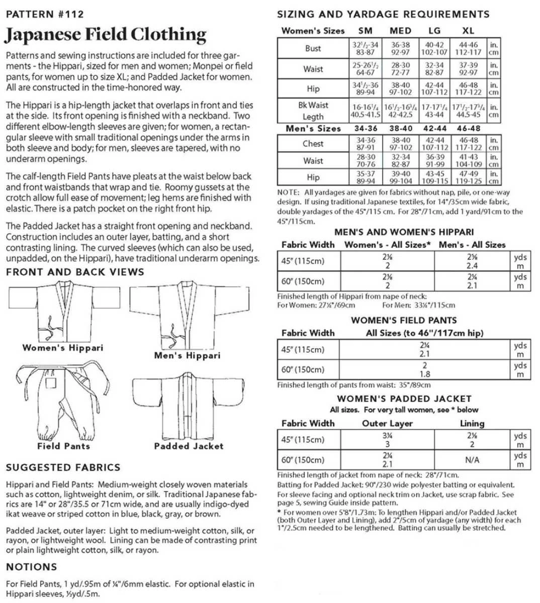 Folkwear #112 Japanese Field Clothing Sewing Pattern 11 Folkwear #112 Japanese Field Clothing Sewing Pattern - Image 10
