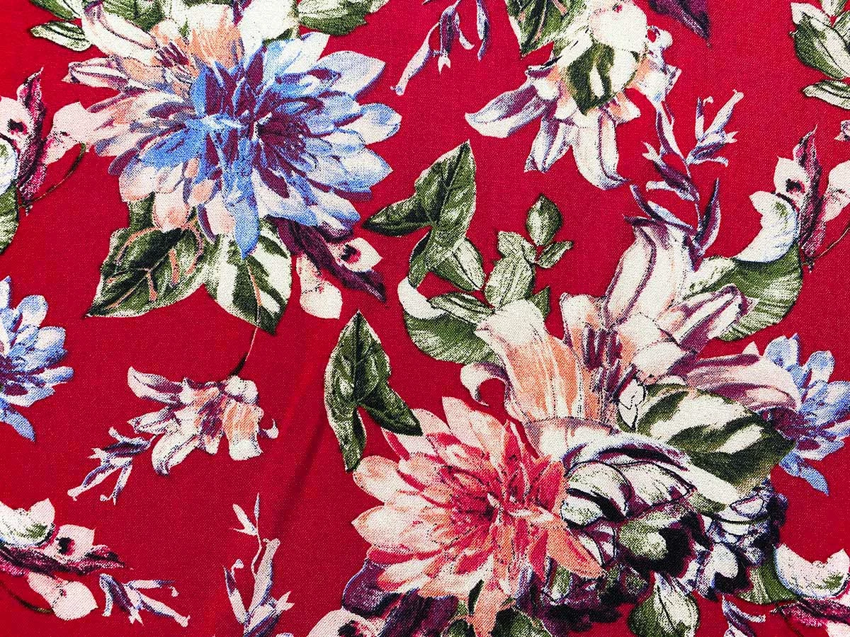 VF223-28 Lei Fiorí - Stylized Flowers On Red Rayon Challis Fabric 4 VF223-28 Lei Fiorí - Stylized Flowers On Red Rayon Challis Fabric - Image 2