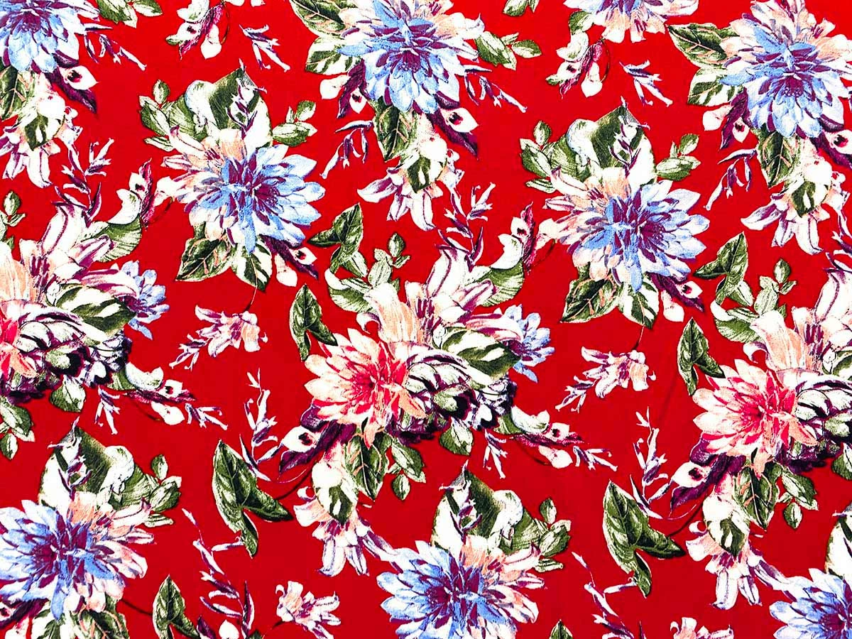 VF223-28 Lei Fiorí - Stylized Flowers On Red Rayon Challis Fabric 5 VF223-28 Lei Fiorí - Stylized Flowers On Red Rayon Challis Fabric - Image 3