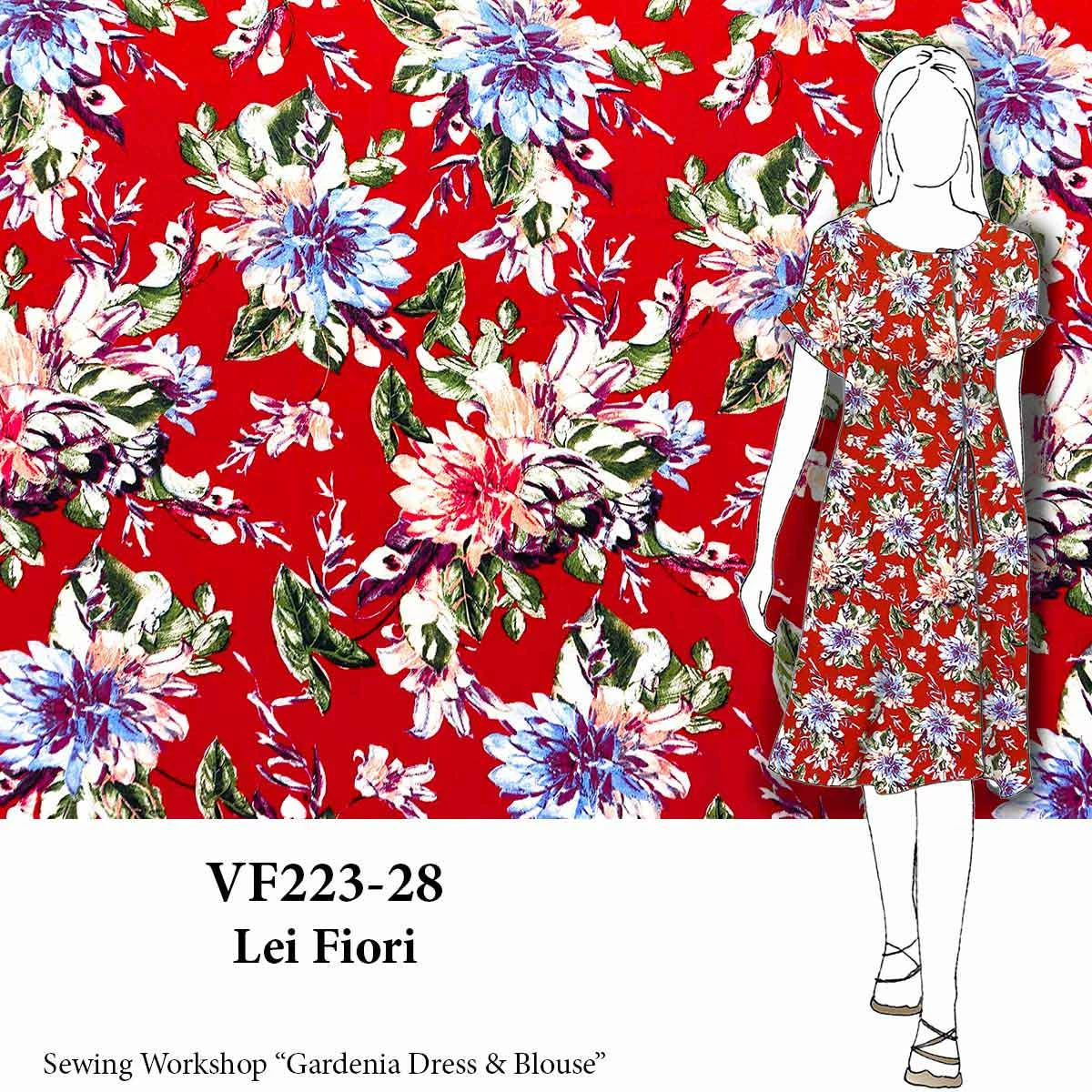 VF223-28 Lei Fiorí - Stylized Flowers On Red Rayon Challis Fabric 3 VF223-28 Lei Fiorí - Stylized Flowers On Red Rayon Challis Fabric