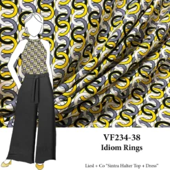 VF234-38 Idiom Rings - Gold With Black And Blush Interlocking Circles On White Rayon Challis Fabric