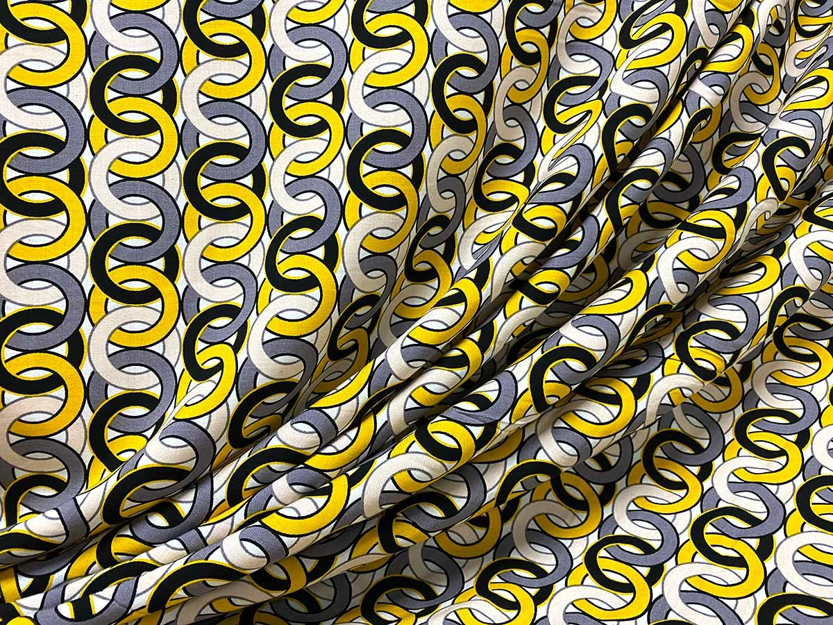 VF234-38 Idiom Rings - Gold With Black And Blush Interlocking Circles On White Rayon Challis Fabric 5 VF234-38 Idiom Rings - Gold With Black And Blush Interlocking Circles On White Rayon Challis Fabric - Image 3