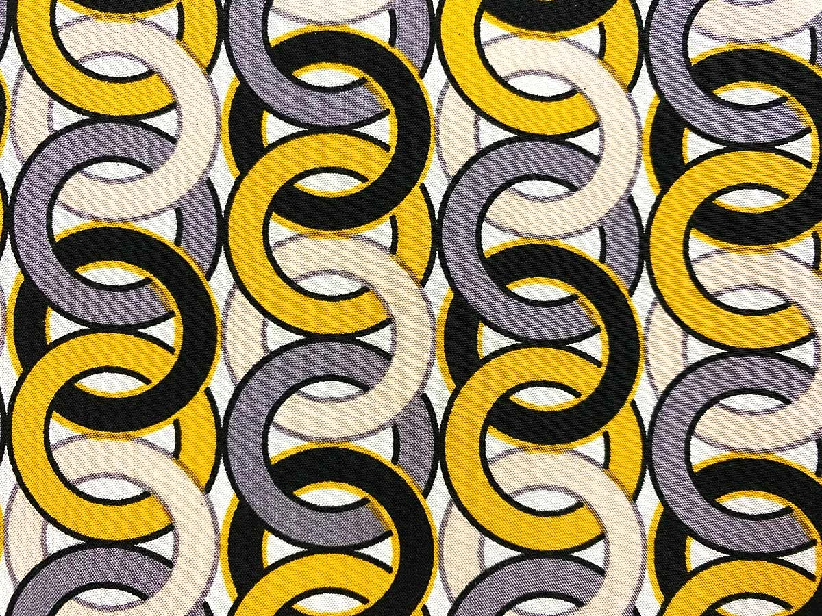 VF234-38 Idiom Rings - Gold With Black And Blush Interlocking Circles On White Rayon Challis Fabric 7 VF234-38 Idiom Rings - Gold With Black And Blush Interlocking Circles On White Rayon Challis Fabric - Image 5