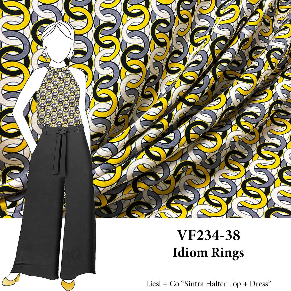 VF234-38 Idiom Rings - Gold With Black And Blush Interlocking Circles On White Rayon Challis Fabric 3 VF234-38 Idiom Rings - Gold With Black And Blush Interlocking Circles On White Rayon Challis Fabric